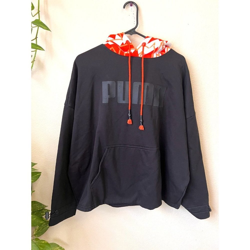 Puma Mens XL Hoodie Fleece PullOver Sweatshirt Black Orange